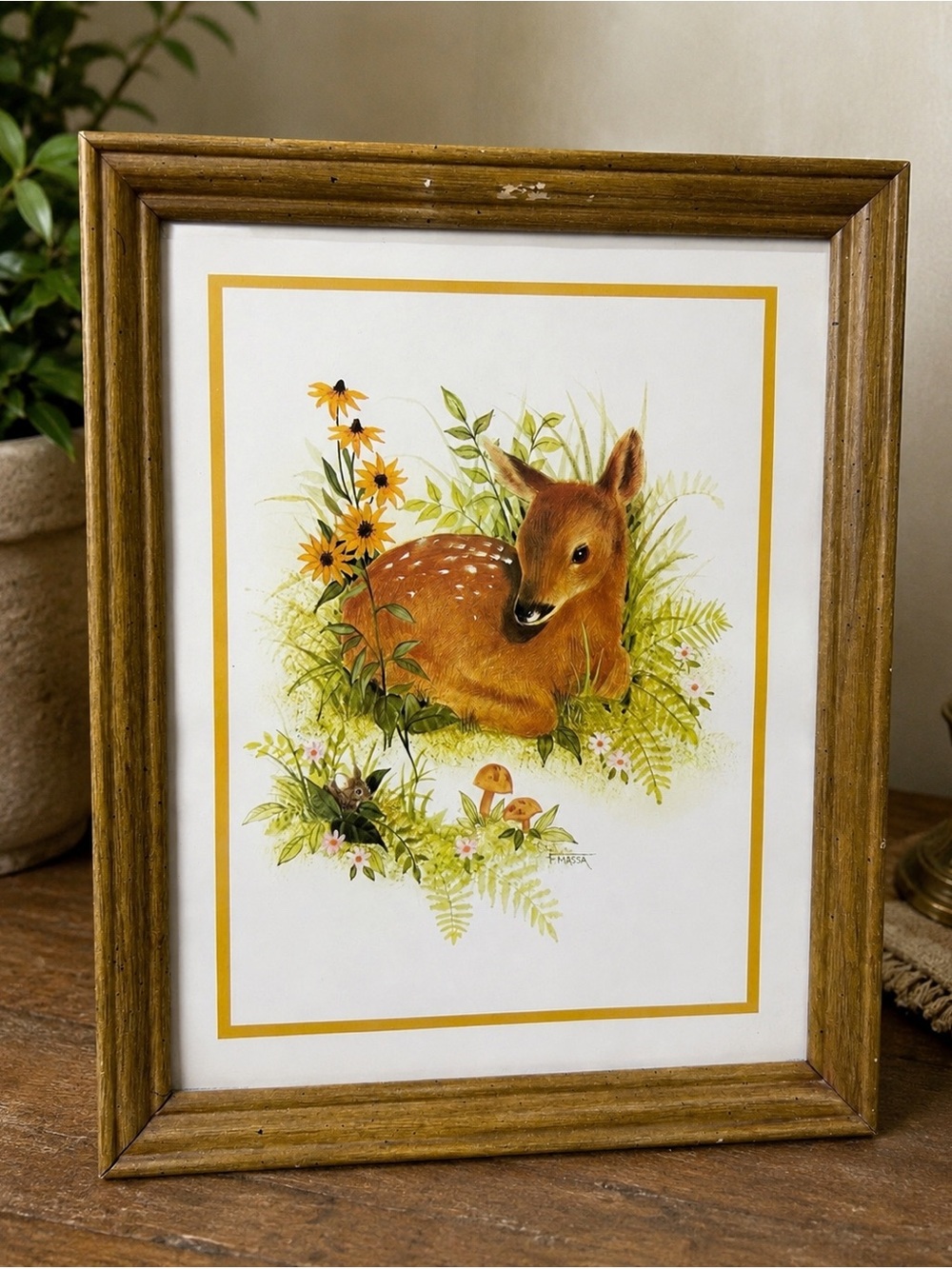 Vintage 1976 Frank Massa Deer Fawn Mouse Framed Lithograph Print Woodland Nurser